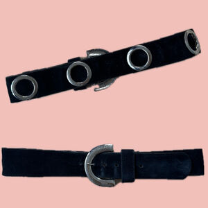 Vintage Black Suede Belt with Silver Buckle & Grommet Details – Y2K